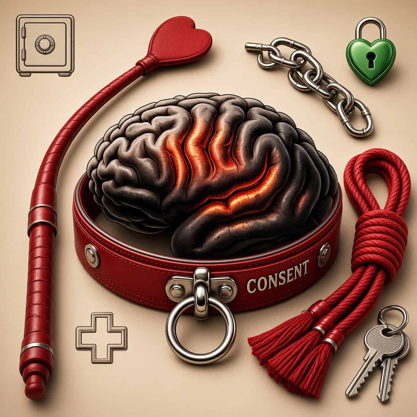 Symbolic image of a brain in a collar with chains, padlock, and keys, representing mental captivity.