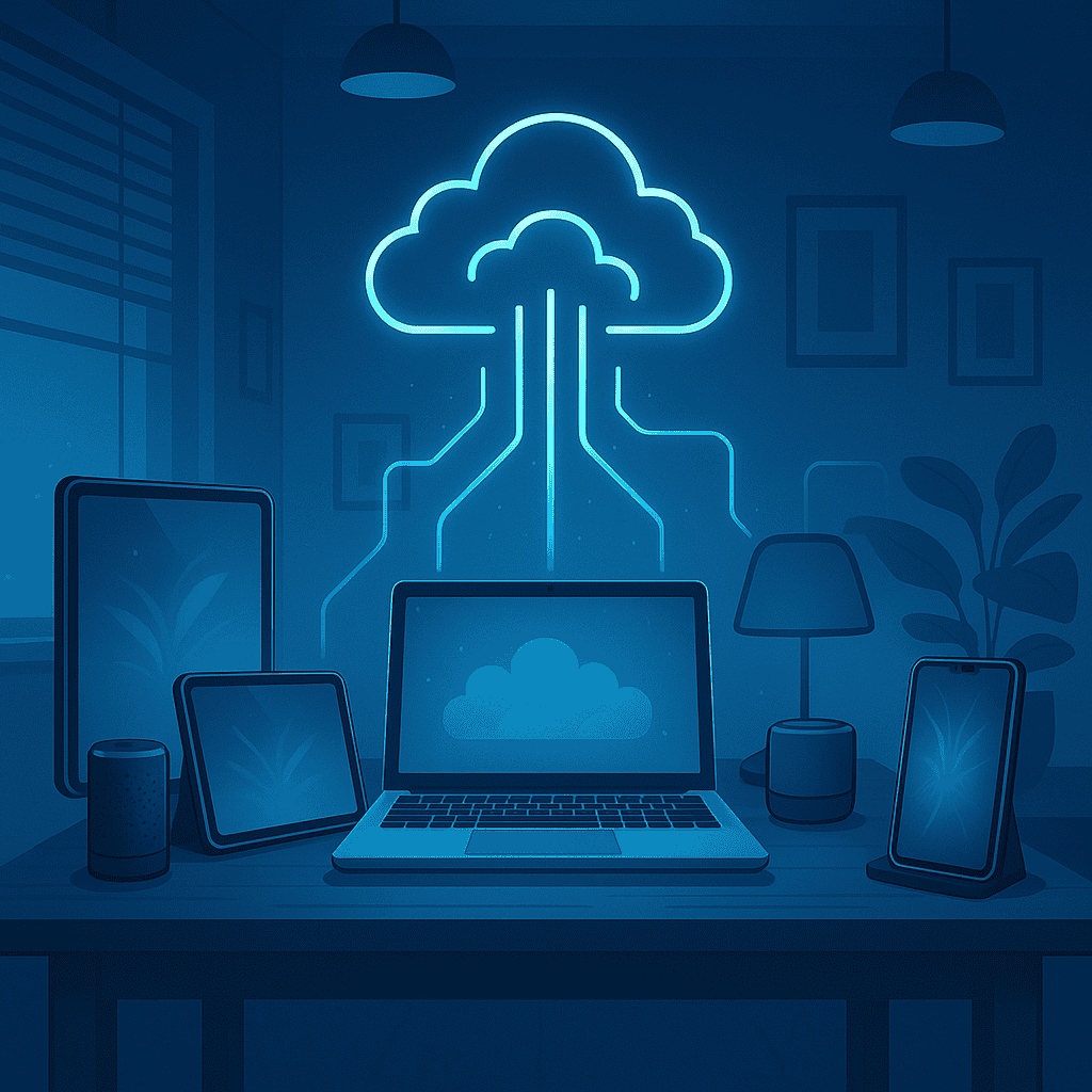 Glowing blue neon icons representing Quantum, AI Computing, and Cloud technologies on a dark circuit background.