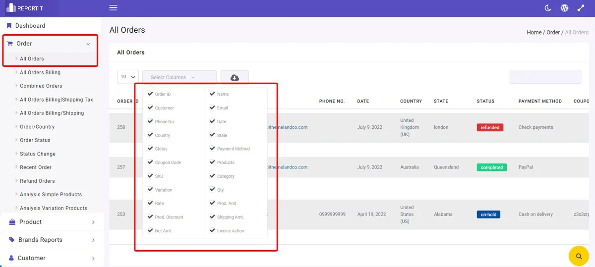 set order report columns