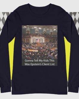 Dark navy Epstein List Political Satire Shirt. Funny unisex long sleeve tee featuring a graphic of a crowded legislative chamber with the text "Gonna Tell My Kids This Was Epstein's Client List." Perfect for dark humor and political commentary.
