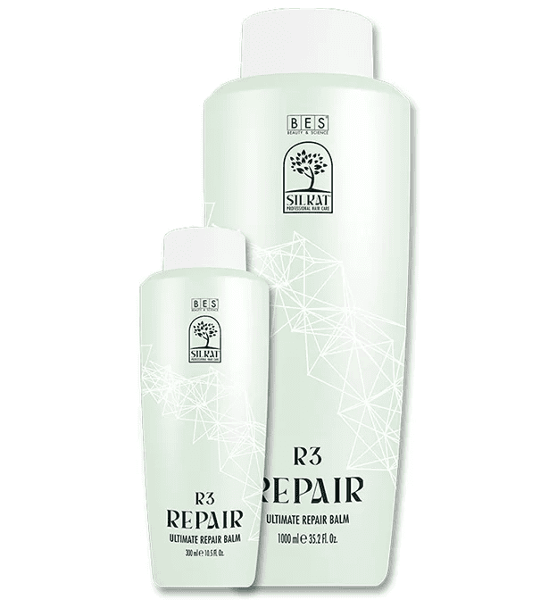 Two bottles of R3 Ultimate Repair Balm, in 300 ml and 1000 ml sizes, are displayed against a white background.