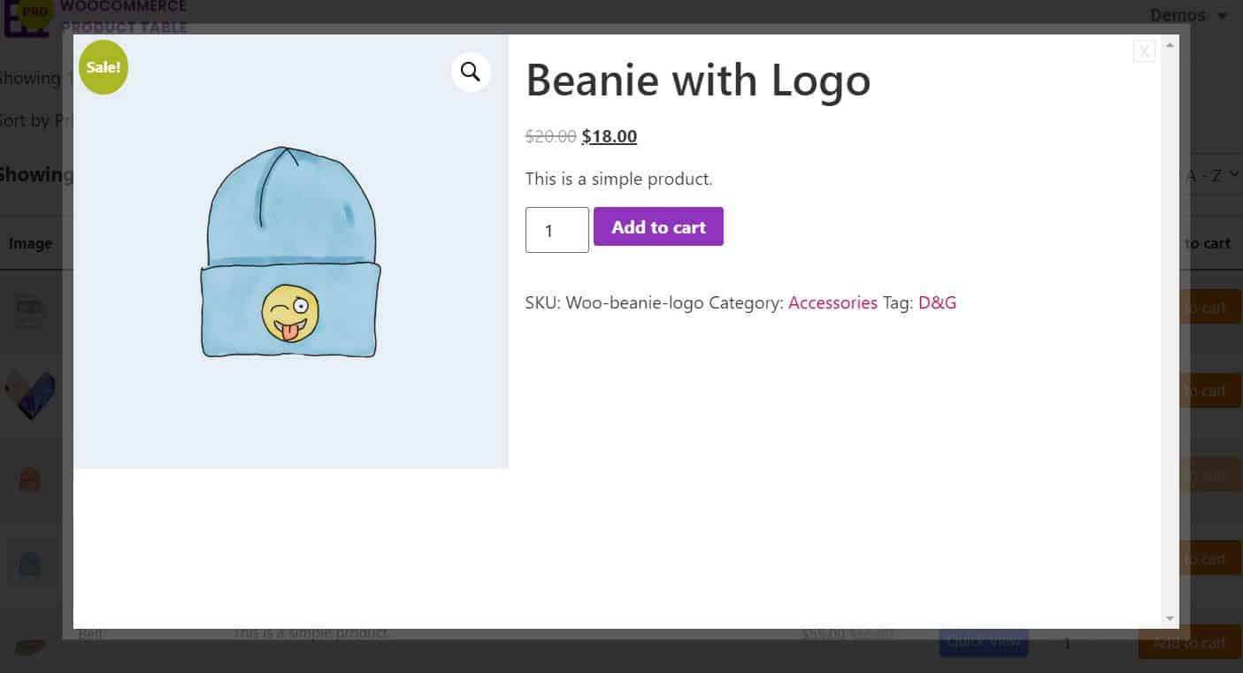 quick view preview in product table