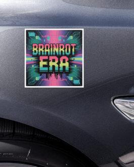 Brainrot Era car magnet on a gray vehicle. Retro neon pixel art design with vibrant colors, perfect for aesthetic car decor. A unique vehicle magnet for meme lovers and tech enthusiasts.
