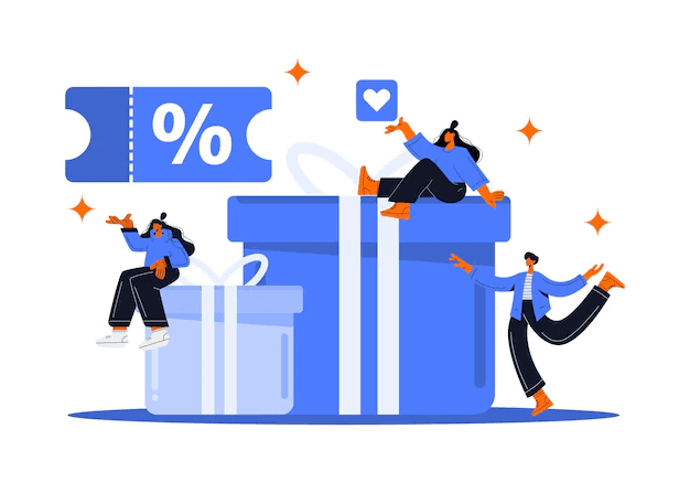 Happy customers sitting on gift box