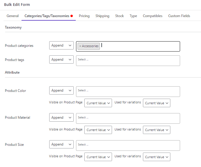 Bulk edit multi product category in WooCommerce products bulk edit plugin