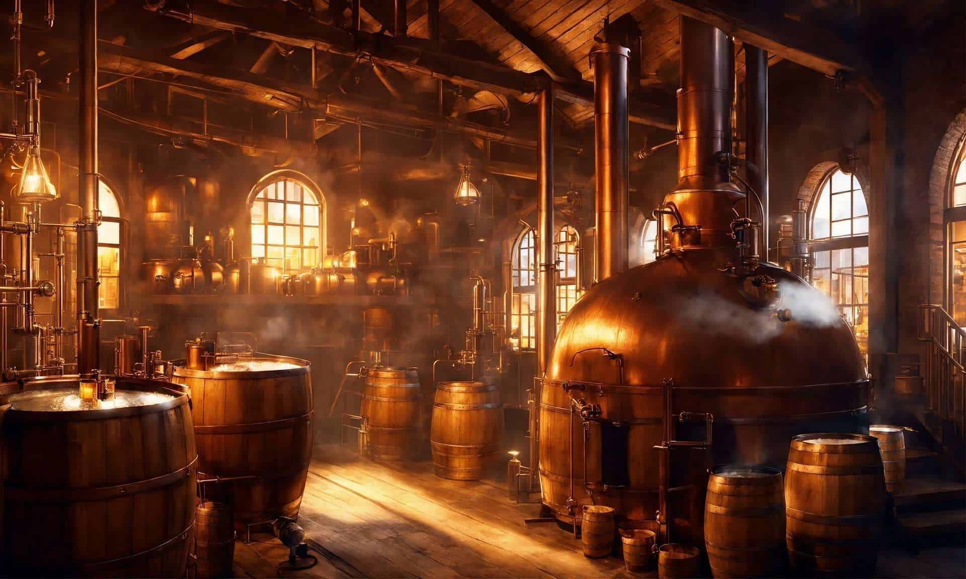 Historische Whiskybrennerei mit Kupferbrennblasen, Holzfässern und warmem Licht, typisch für traditionelle Destillerien in den USA.