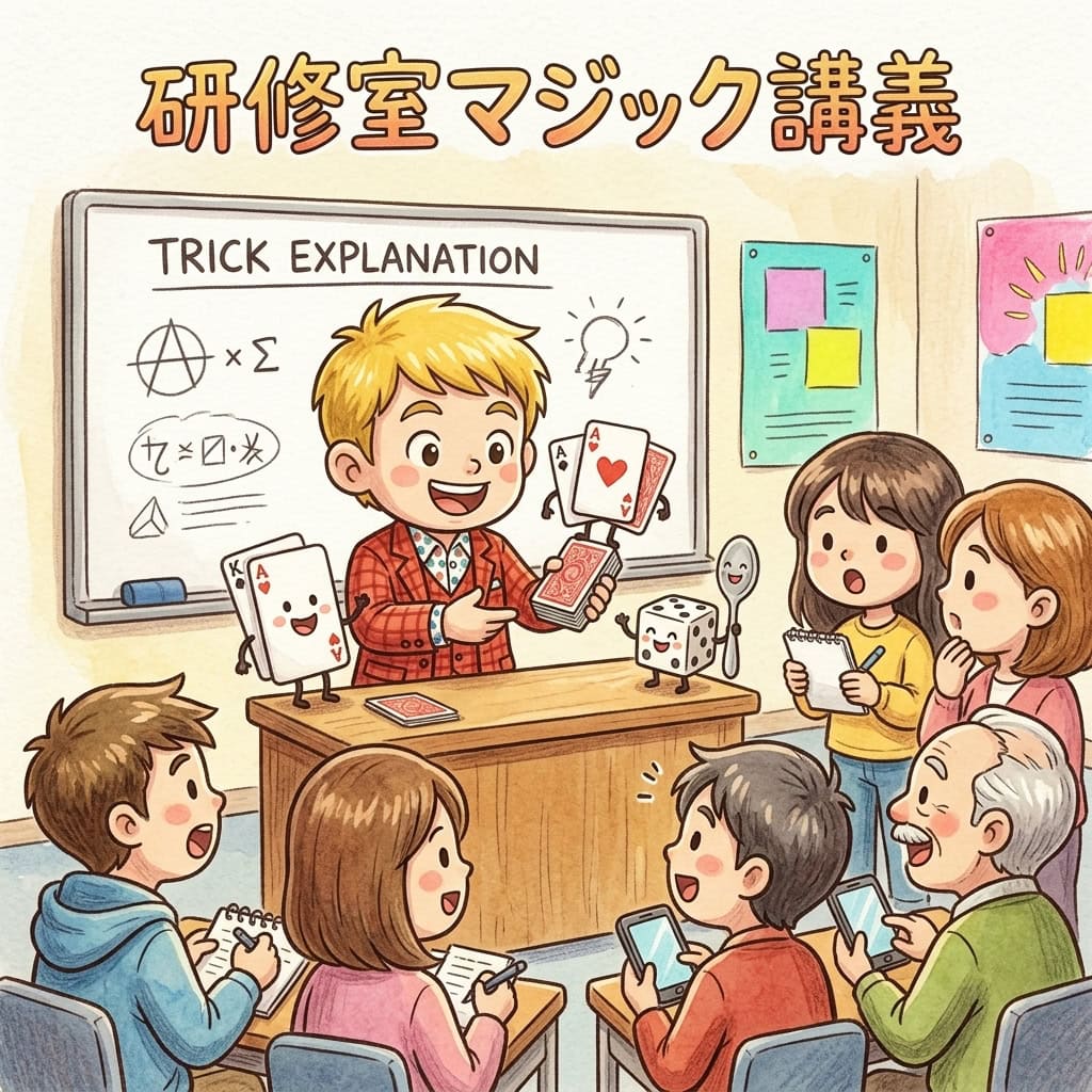 こどもみらい館ボランティア養成講習会で講師を務めます!「コミュニケーション・マジック」実践講座【5/24開催・参加無料】 1 こどもみらい館ボランティア養成講習会 コミュニケーション・マジック実践講座 マジシャンコンプレッサーが大人の参加者にマジックを教えるイラスト