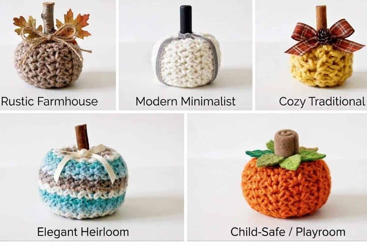 Five crocheted pumpkins are arranged side by side, each labeled with its unique style—rustic farmhouse, modern minimalist, cozy traditional, elegant heirloom, and child-safe/playroom—showcasing a variety of colors and decorative textures against a simple background.