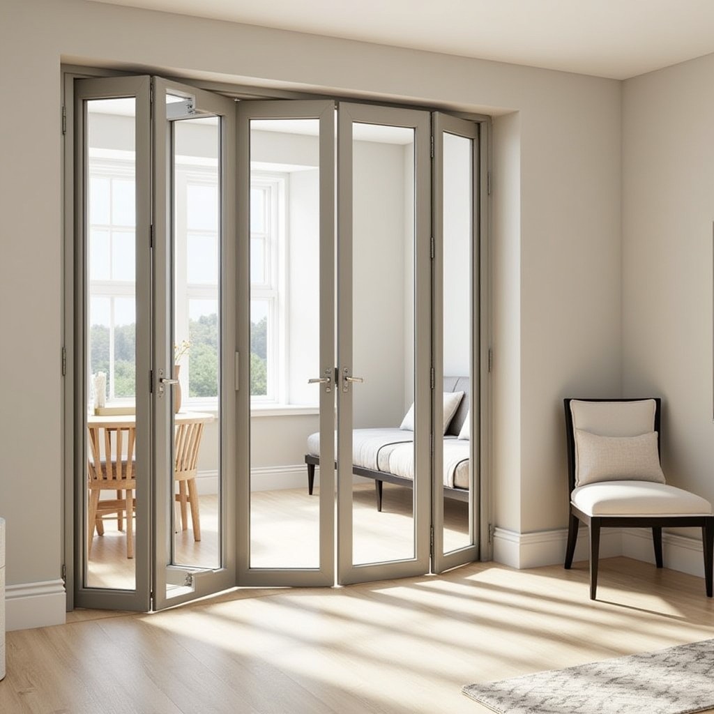 Folding Door half way open inside a house, the folding door in this image used as an interior door