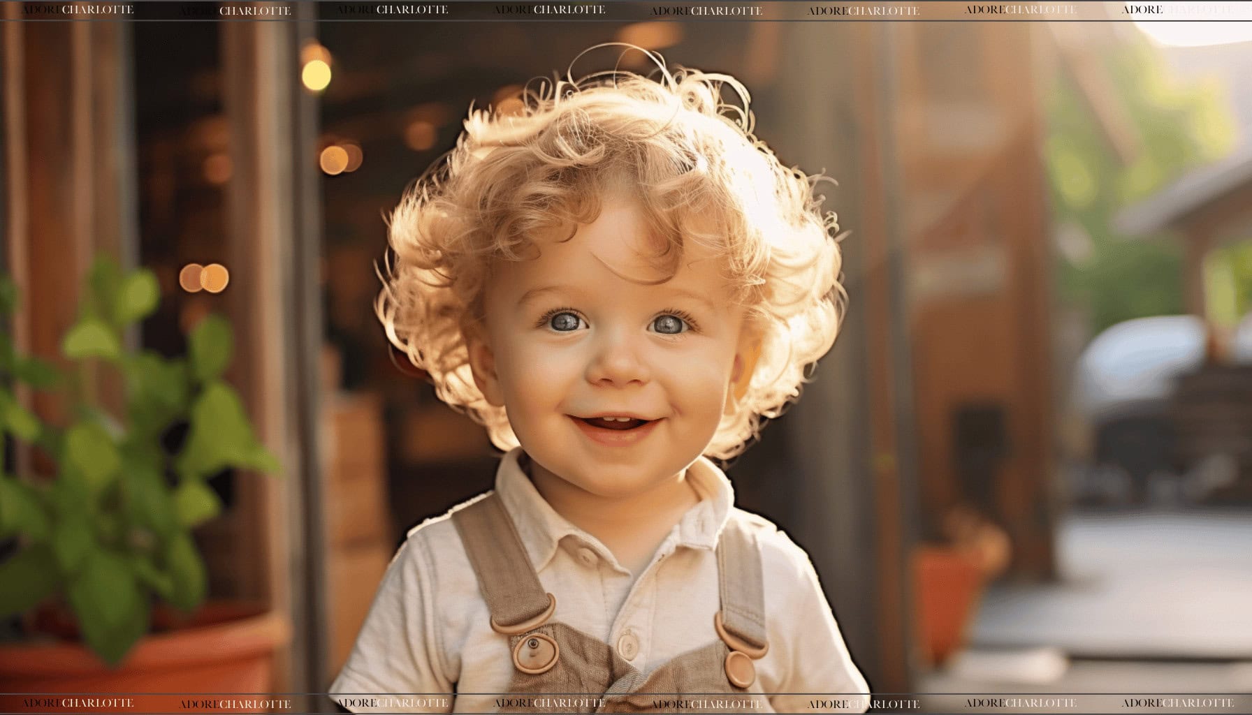 Adorable curly hair boy outside a cafe on a sunny day