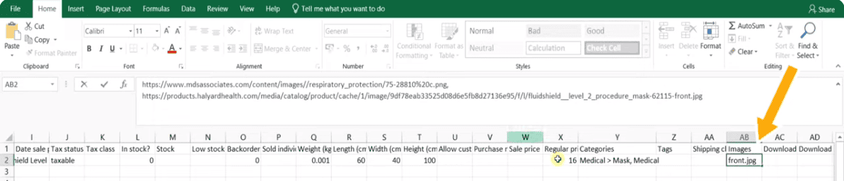 Enter product image URL in images column of CSV file