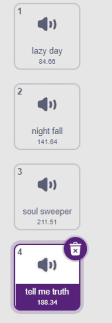 Scratch sound list showing multiple audio tracks with names and durations, including ‘tell me truth’ selected