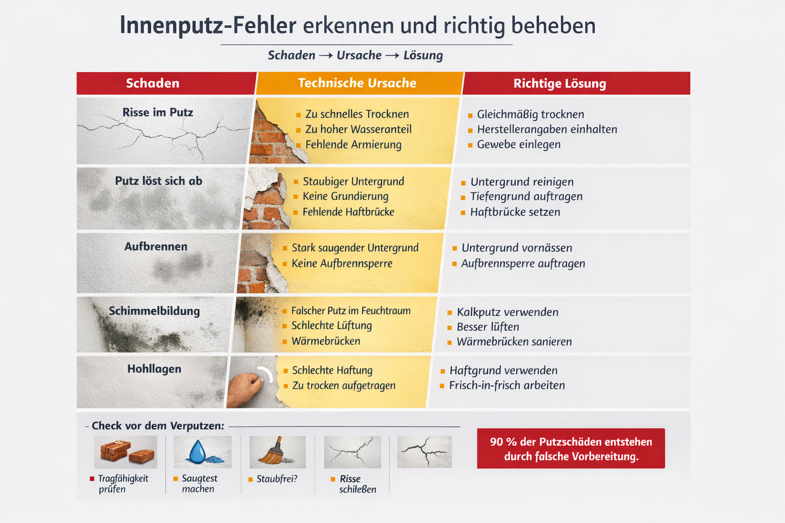 Infografik zeigt typische Innenputz-Schäden mit Ursachen und Lösungen