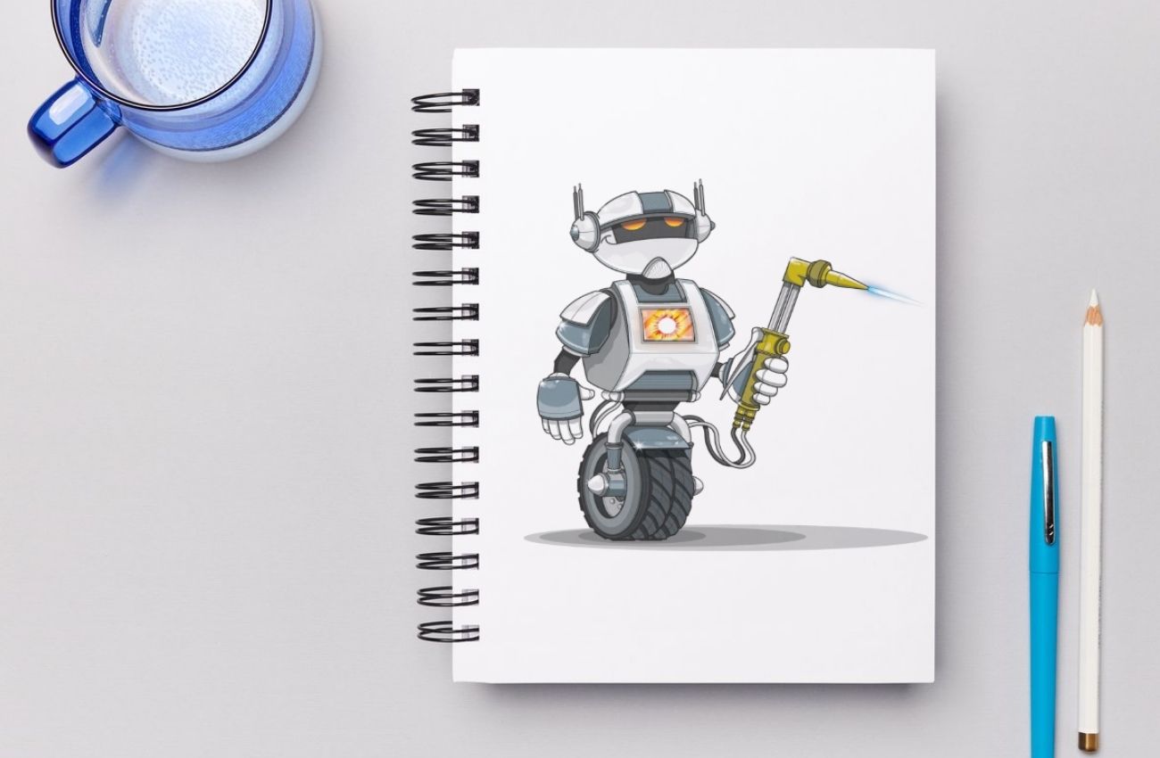 Cartoon robot with a welding torch, corporate mascot