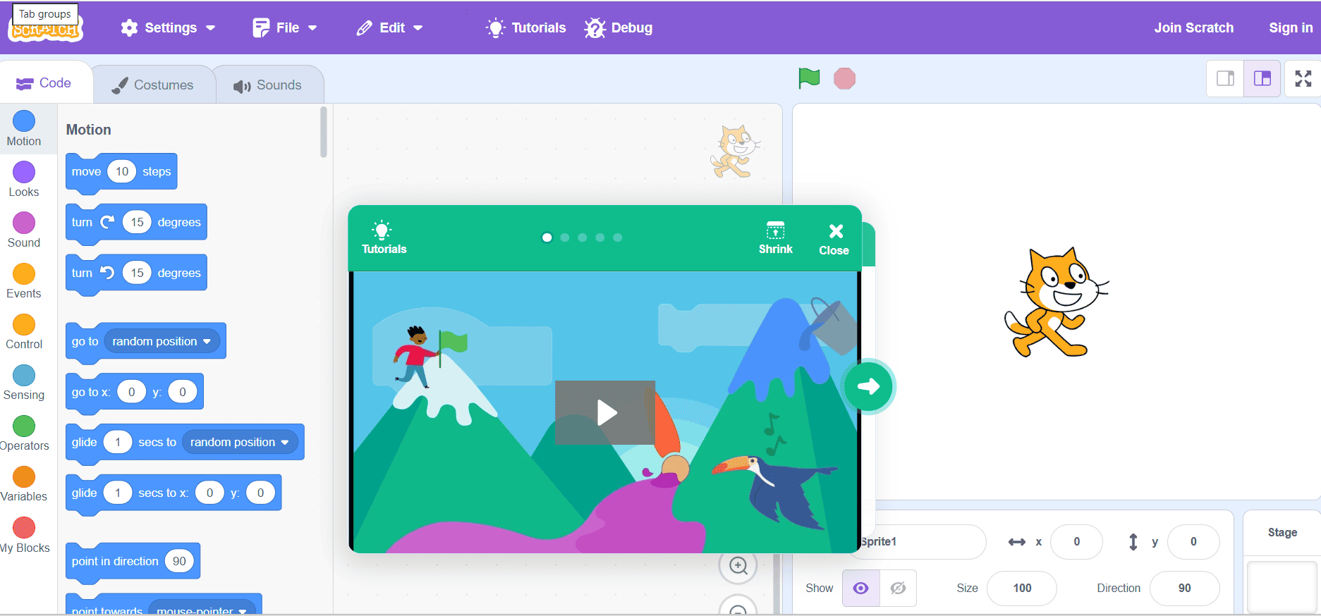 Scratch editor full interface — code blocks, stage, sprite panel, and tutorials overlay for beginner animation setup