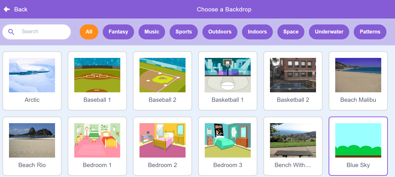 Choose a Backdrop" library with Blue Sky backdrop selected — scene setup for sprite animation