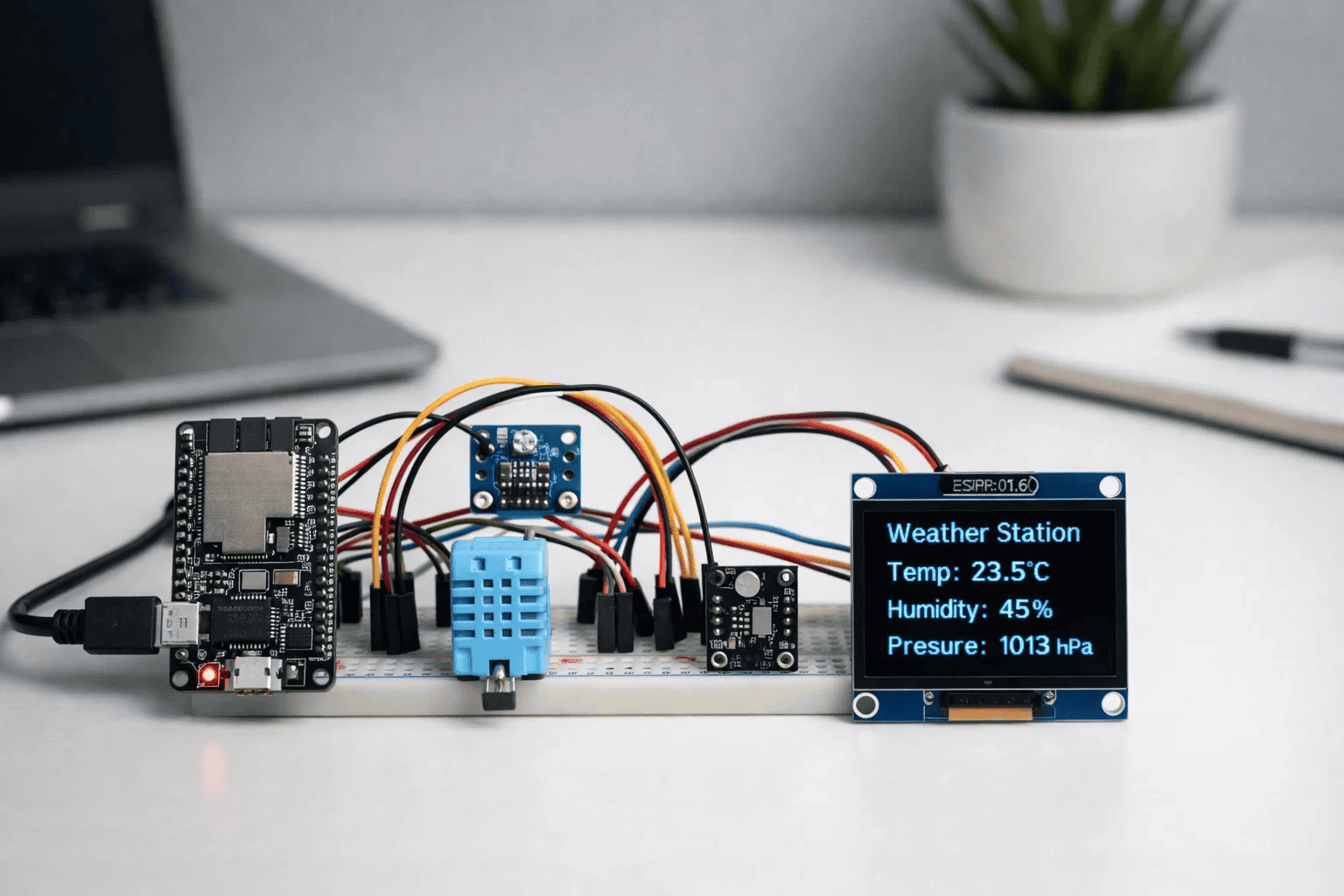 Intermediate IoT weather station project with multiple sensors and display showing real-time environmental data