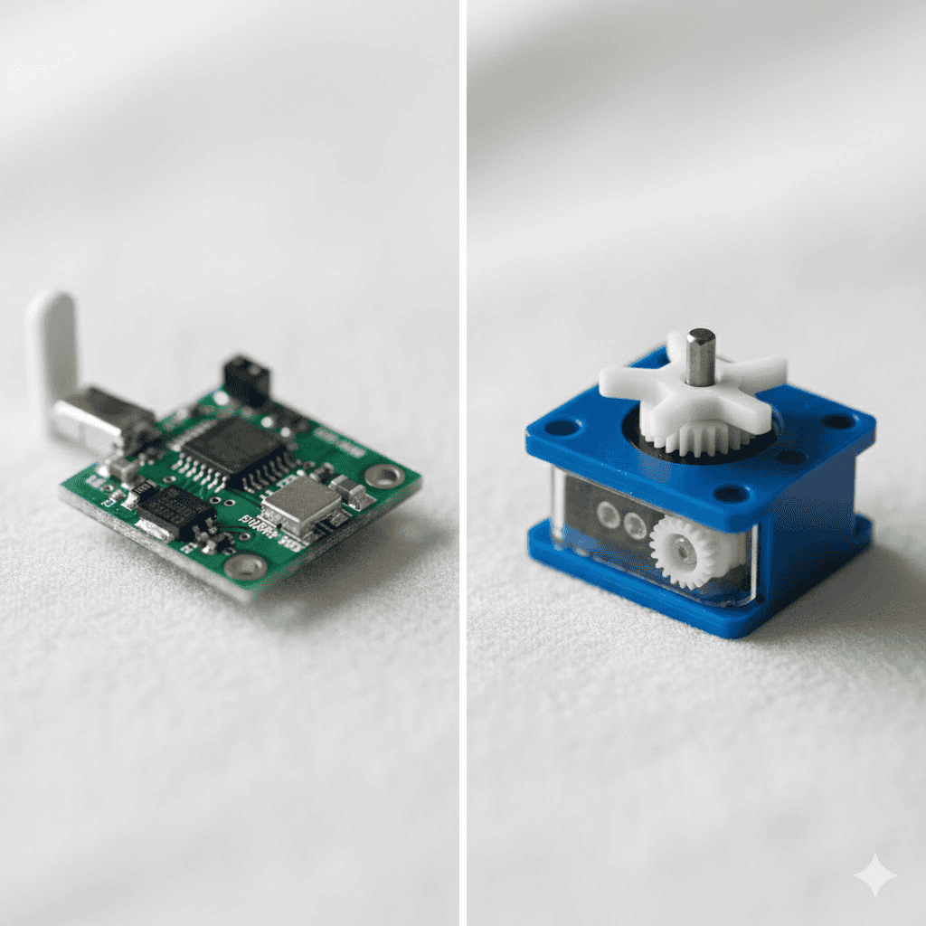Detailed close-up comparison showing IoT sensor versus robotics motor highlighting physical difference between technologies