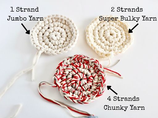 Image shows three crocheted circles in different yarn thicknesses—one with a single jumbo strand, one with two super bulky strands, and one with four chunky strands. Labeled arrows and visible yarn ends highlight each option for Montero Basket or Basket Free Crochet Pattern projects. Free crochet pattern