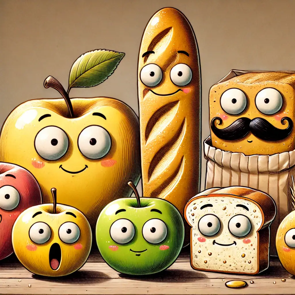 Pommes, pain de mie et pâtisserie avec des visages mignons et amusants, illustrant une cuisine ludique et appétissante.