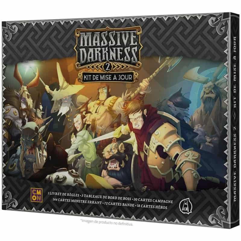 Un jeu de société appelé Massive Darkness 2, kit de mise à jour, illustré avec des personnages de fantasy en combat, comprenant règles, cartes, plateaux et héros pour des jeux immersifs.