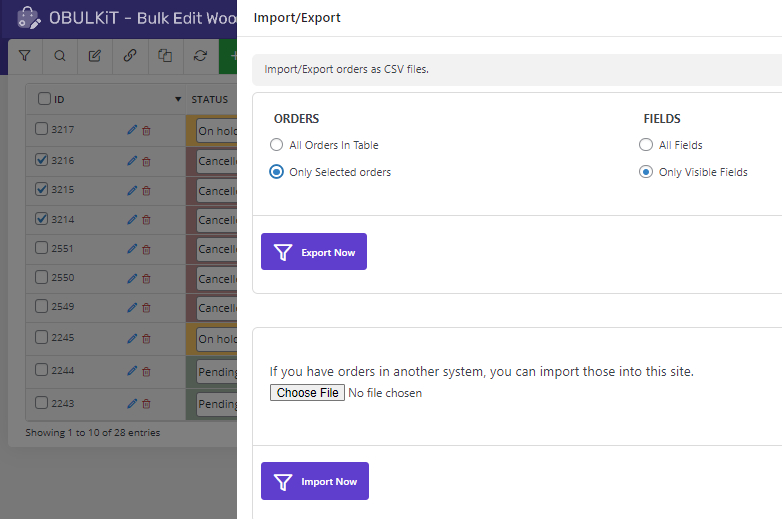 Export form in WooCommerce bulk orders editing plugin
