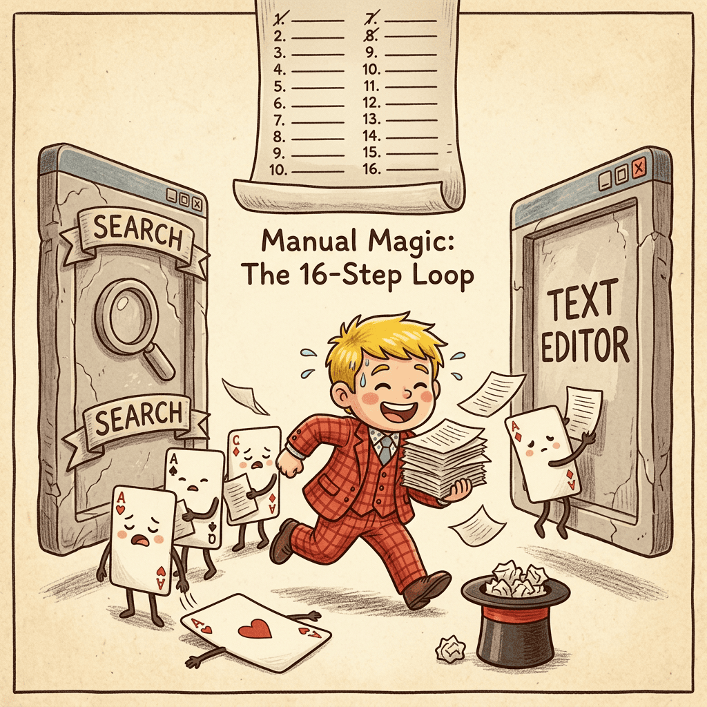 VSCode×Claude Codeで「ブログ執筆→画像生成→SEO設定→WordPress投稿」を全自動化した話。もうWordPressの管理画面を開く必要がない 2 WordPress手動投稿の16ステップに疲弊するマジシャン。ブラウザとエディタの間を走り回り、擬人化トランプたちもヘトヘトで紙を運ぶチビキャラ風イラスト