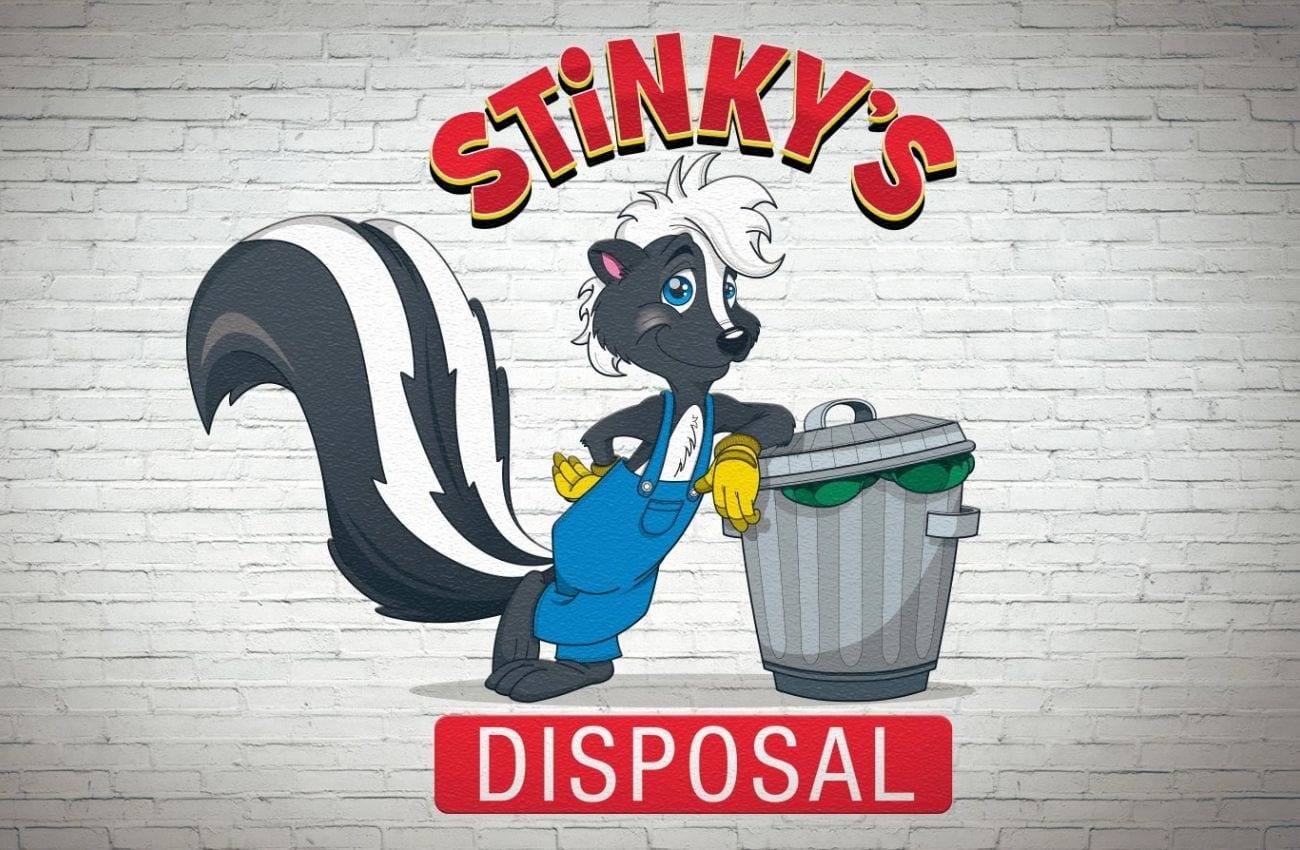 Cartoon skunk promoting waste disposal