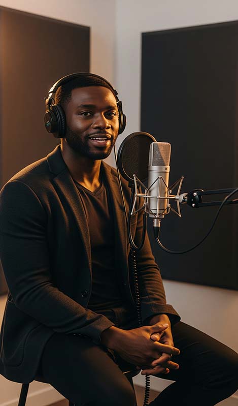 podcast empire Man in studio recording voice with microphone.