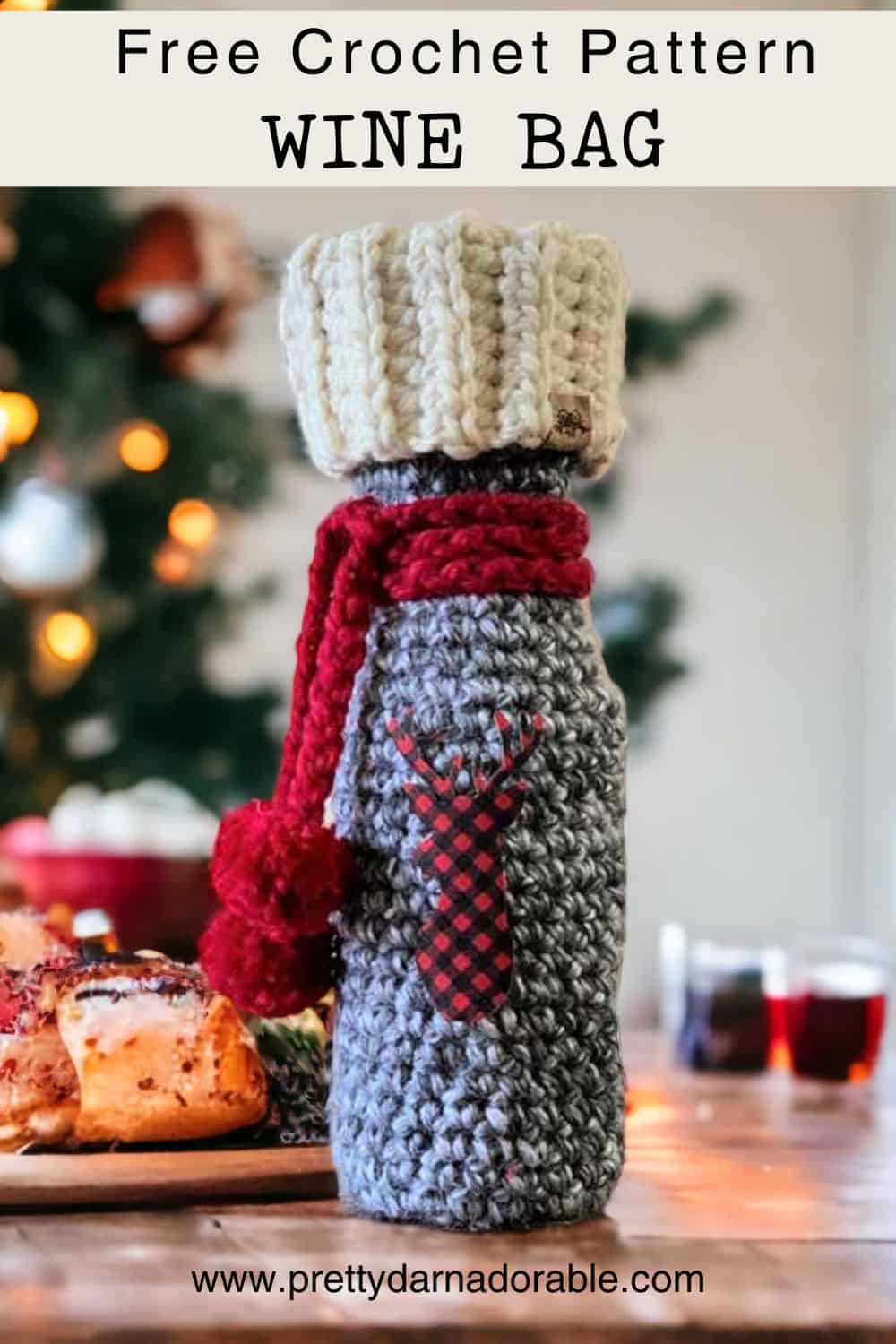 grey white and red crochet wine bag with deer applique