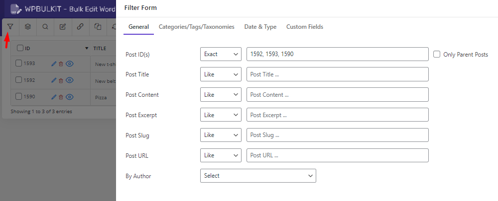 posts filter form in WordPress Posts bulk Edit Plugin