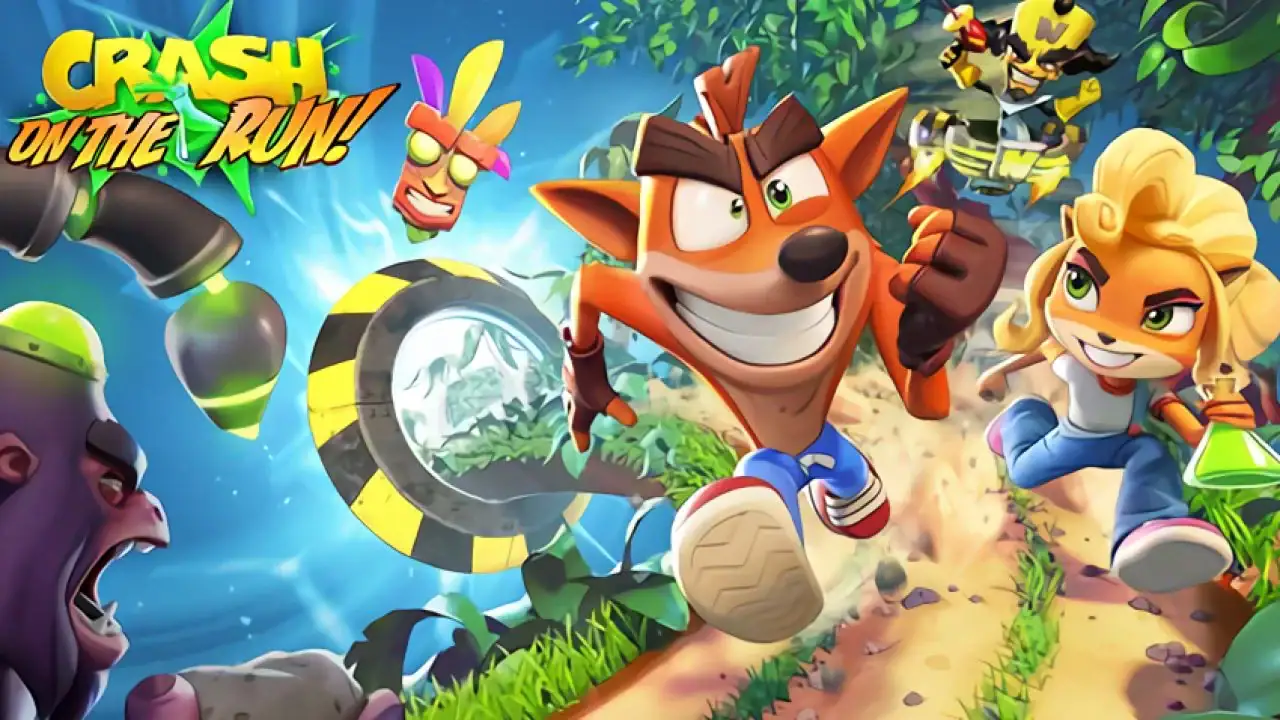 Course effrénée dans un univers coloré de Crash on the Run, avec des personnages animés, des graphismes dynamiques et un environnement tropical luxuriant.