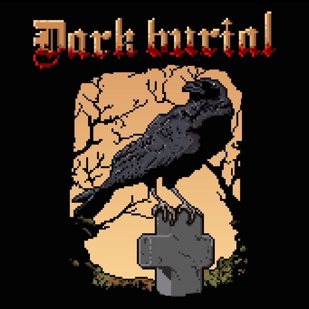 Corbeau pixel art noir assis sur une pierre tombale, arrière-plan de ciel sombre avec arbres nus, ambiance sombre et mystérieuse, style rétro, parfait pour une thématique d'horreur ou de jeu vidéo.