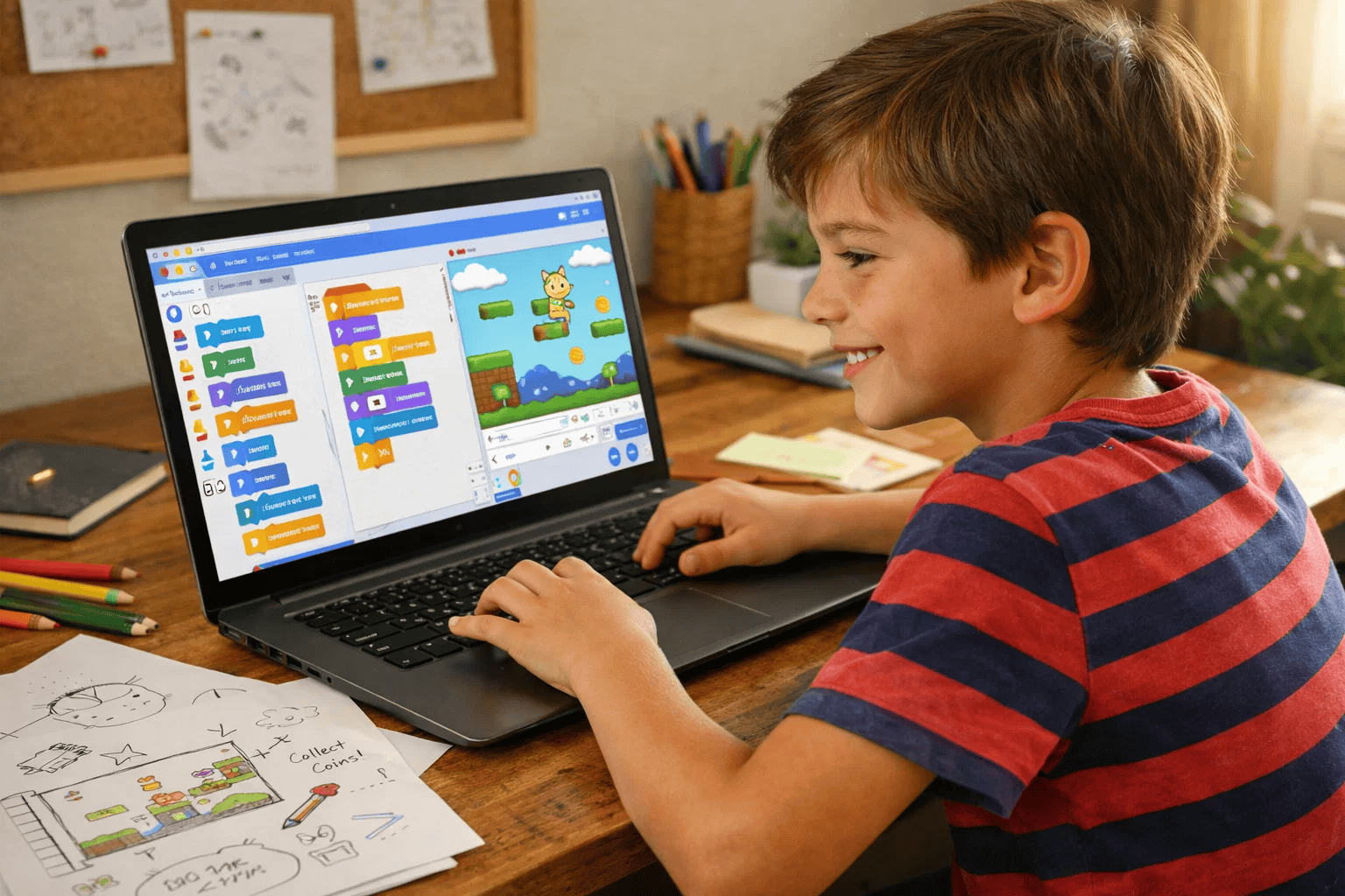 Smiling boy using a laptop to create a coding game, with drawings and colored pencils on desk.
