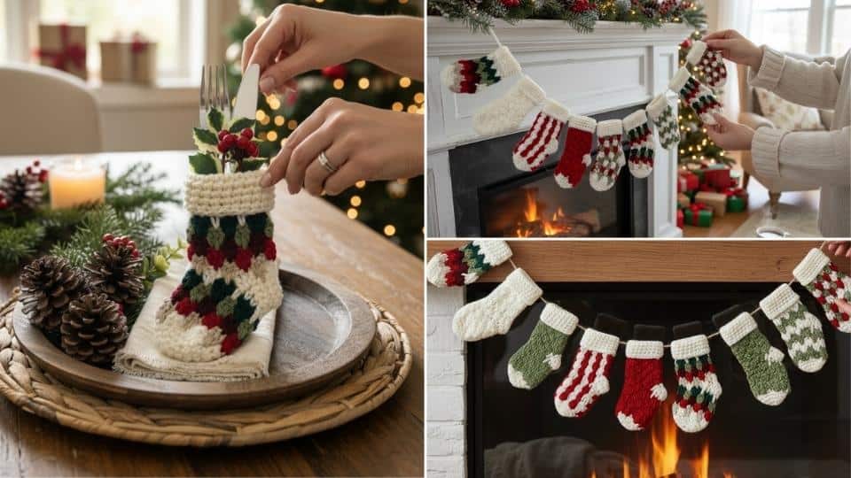 Three images of small crocheted Christmas stockings in red, green, and white: as cutlery holders, hung on a mantel, and as a garland. Free crochet pattern