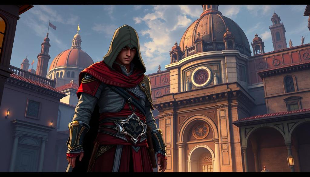 Ein Bild von Ezio Auditore in der Assassin's Creed-Spielumgebung Ein Bild von Ezio Auditore in der Assassin's Creed-Spielumgebung