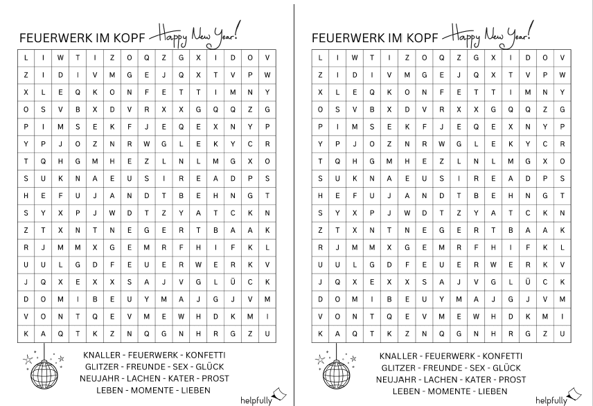 Neujahrsquiz mit Worträtsel rund um Silvester zum Ausdrucken