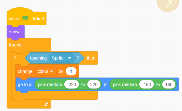 Scratch collision detection code with touching sprite conditional change coins hide wait blocks