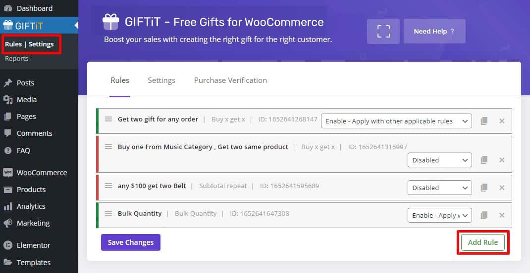 add rule in free gifts WooCommerce