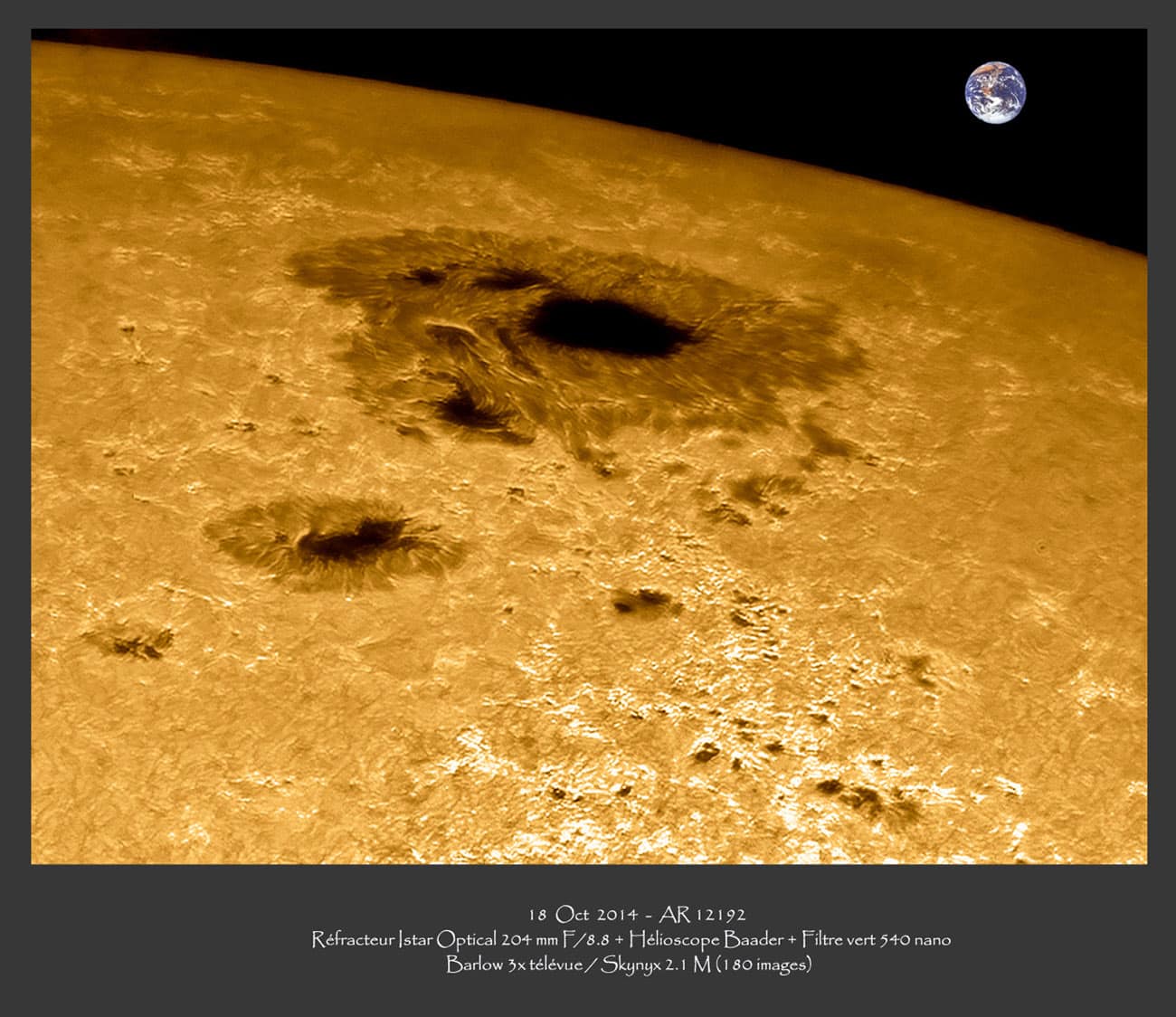 Aufnahme der Sonnenfleckengruppe 2192 von "Tosi" am 18. Oktober 2014 Aufnahme der Sonnenfleckengruppe 2192 von "Tosi" am 18. Oktober 2014