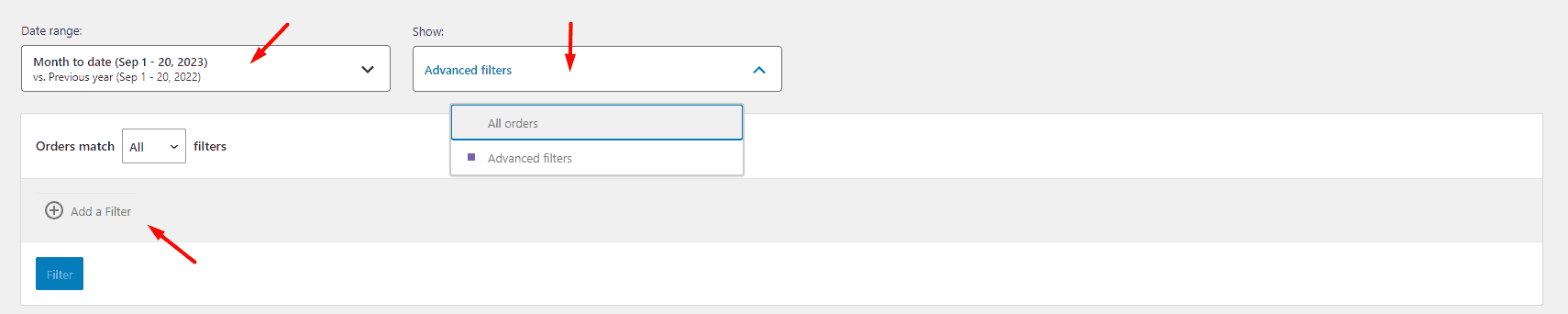 filter date range and show options in orders tab