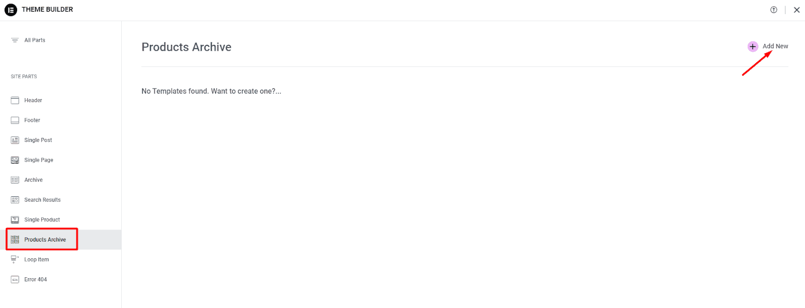 click add new products archive in theme builder
