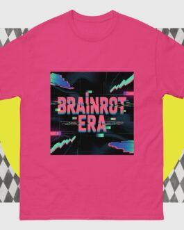 Brainrot Era T-Shirt in vibrant pink, featuring glitch art design with "BRAINROT ERA" text, perfect for fans of cyberpunk, retro gaming, and meme culture. A unisex graphic tee.