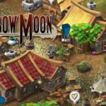 Maisons de style médiéval dans un village fantasy coloré, avec personnages, arbres et éléments de jeu, illustrant l’univers de Rainbow Moon pour gaming et aventure.