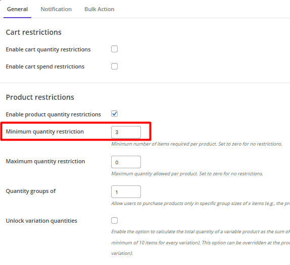 Set minimum quantity per product to prevent customers from ordering less than 3 products