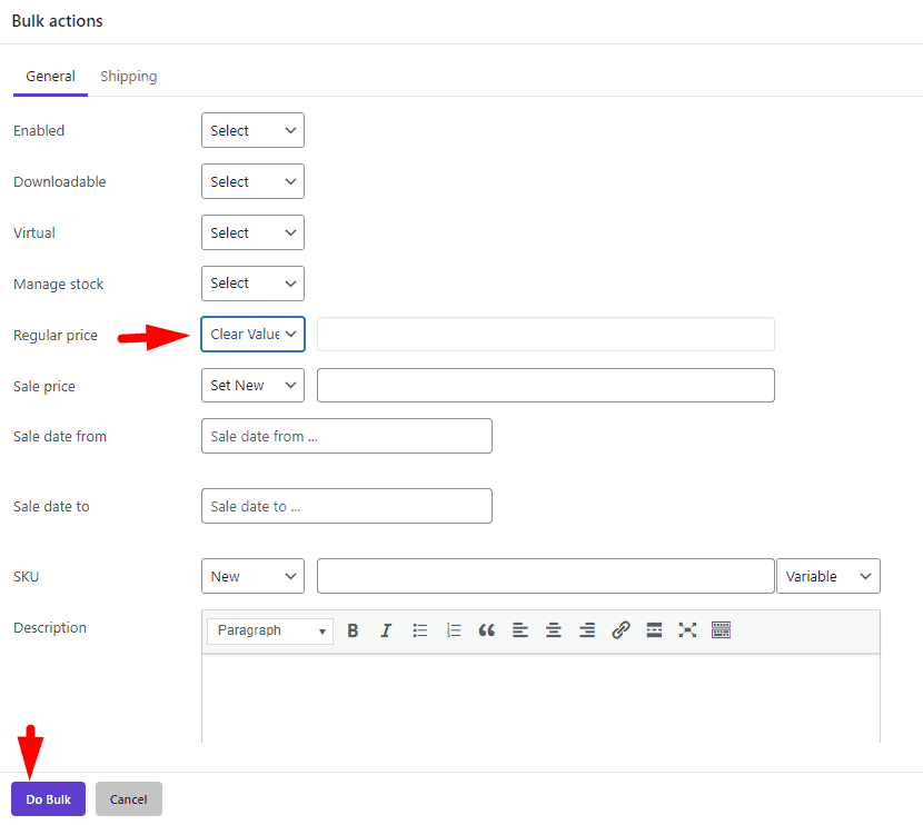 clear regular price of all product variations in Bulk actions form