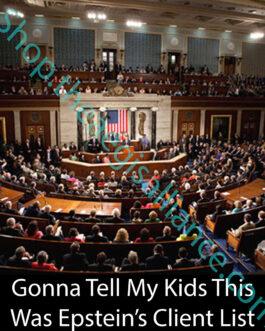 The US House of Representatives chamber is packed with members during a session. The American flag is prominently displayed. Text overlay: "Gonna Tell My Kids This Was Epstein's Client List.