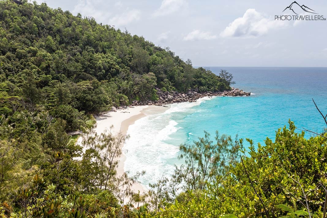 Der Blick von oben auf den Strand Anse Georgette auf Praslin
