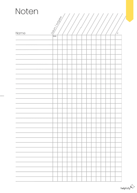 Notenliste für Lehrer für Fachfarbe Gelb zum Ausdrucken