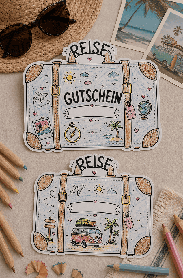 Zwei ausgedruckte und angemalte Reisegutscheine in Koffer-Designs